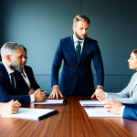 **Prompt:** A diverse group of business professionals in modest business suits and professional dress, fully clothed, appropriate attire, gathered around a conference table in a bright, modern office. The scene captures one person actively listening with an empathetic expression, while another calmly expresses a point, emphasizing clear communication and mutual understanding. professional photography, high resolution, soft lighting, perfect anatomy, correct proportions, natural pose, well-formed hands, proper finger count, appropriate content, safe for work, professional.