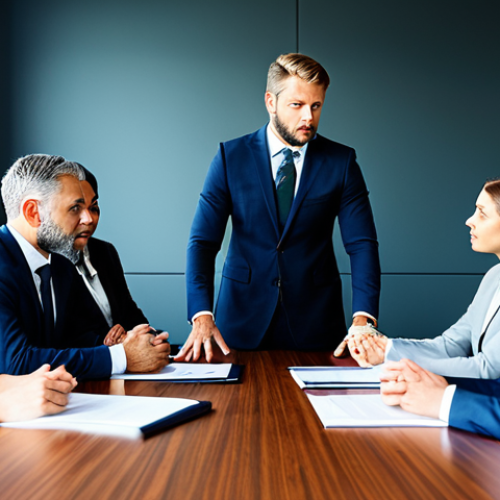 **Prompt:** A diverse group of business professionals in modest business suits and professional dress, fully clothed, appropriate attire, gathered around a conference table in a bright, modern office. The scene captures one person actively listening with an empathetic expression, while another calmly expresses a point, emphasizing clear communication and mutual understanding. professional photography, high resolution, soft lighting, perfect anatomy, correct proportions, natural pose, well-formed hands, proper finger count, appropriate content, safe for work, professional.