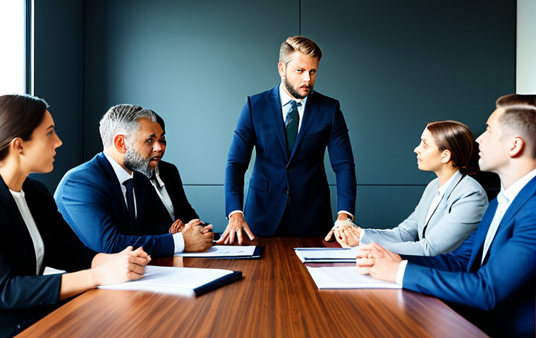 **Prompt:** A diverse group of business professionals in modest business suits and professional dress, fully clothed, appropriate attire, gathered around a conference table in a bright, modern office. The scene captures one person actively listening with an empathetic expression, while another calmly expresses a point, emphasizing clear communication and mutual understanding. professional photography, high resolution, soft lighting, perfect anatomy, correct proportions, natural pose, well-formed hands, proper finger count, appropriate content, safe for work, professional.