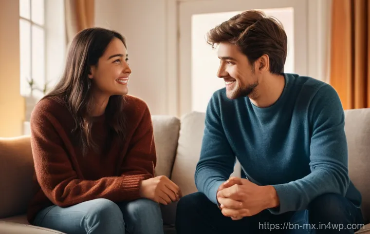 비폭력 커뮤니케이션과 성격 유형 - **Prompt:** A cozy, warmly lit indoor scene featuring two young adults, a man and a woman, engaged i...