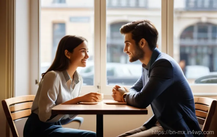 비폭력 커뮤니케이션과 성격 유형 - **Prompt:** A cozy, warmly lit indoor scene featuring two young adults, a man and a woman, engaged i...