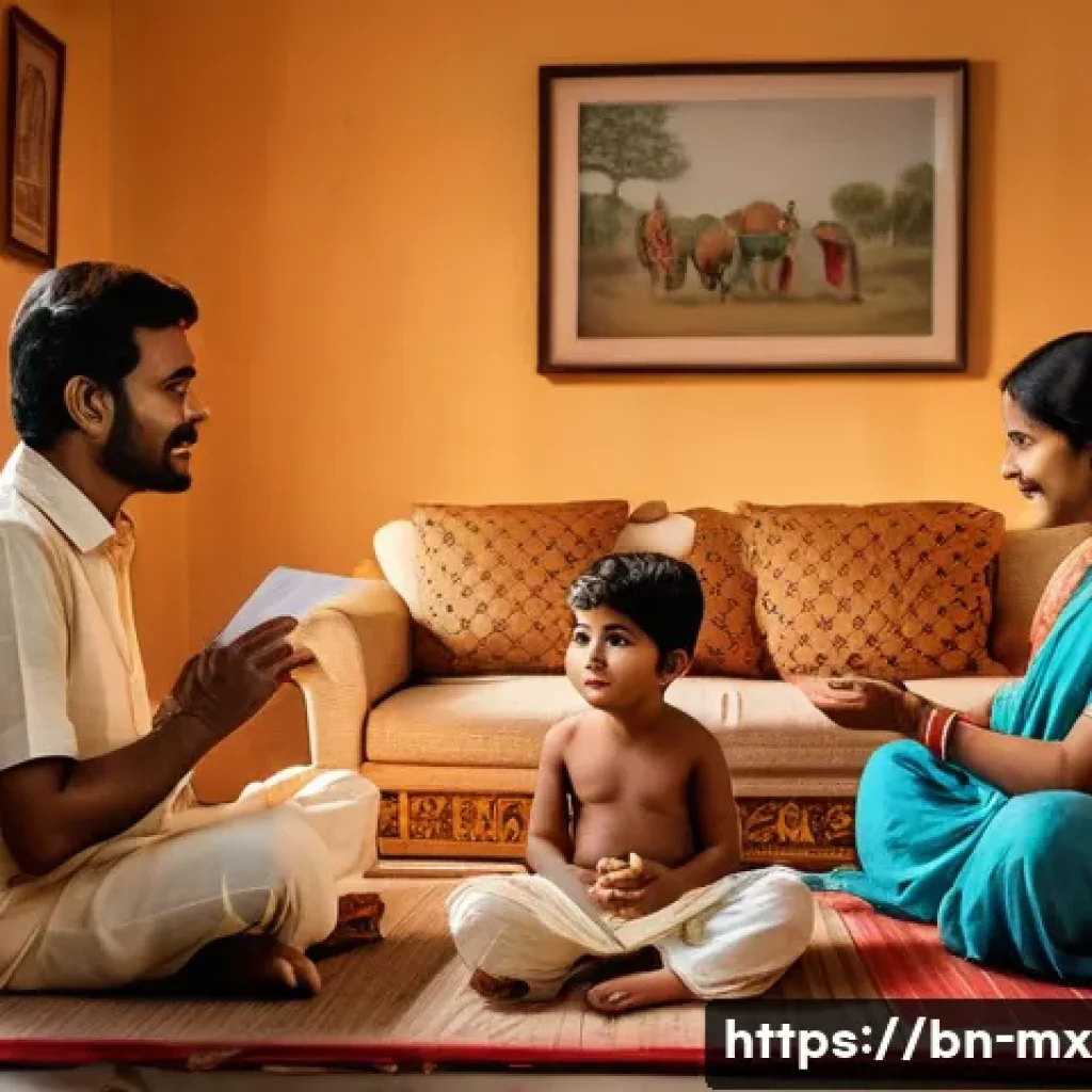 비폭력 커뮤니케이션의 장기적 효과 - A warm, intimate family scene set in a cozy living room with Bengali cultural elements such as tradi...