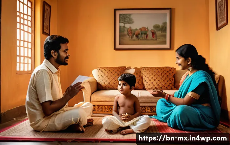 비폭력 커뮤니케이션의 장기적 효과 - A warm, intimate family scene set in a cozy living room with Bengali cultural elements such as tradi...