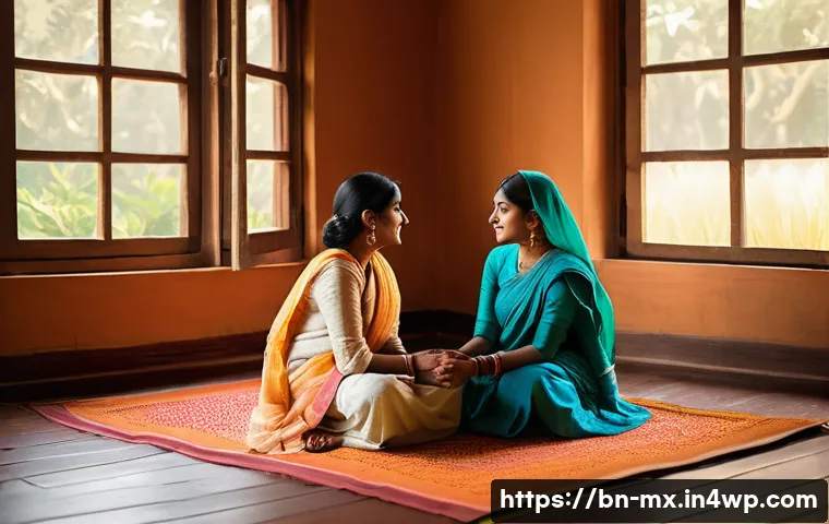 비폭력 커뮤니케이션의 개인적 변화 - A serene family scene in a cozy Bengali home showing a young adult woman and her sister engaged in a...