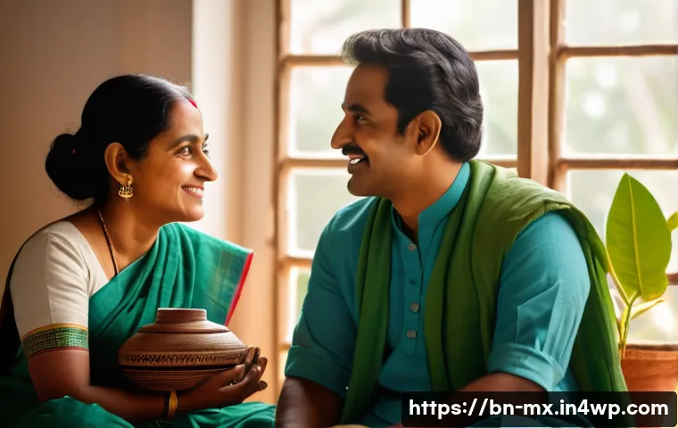 비폭력 커뮤니케이션의 실용적인 예시 - A serene scene of two Bengali adults engaging in a calm conversation in a traditional living room se...