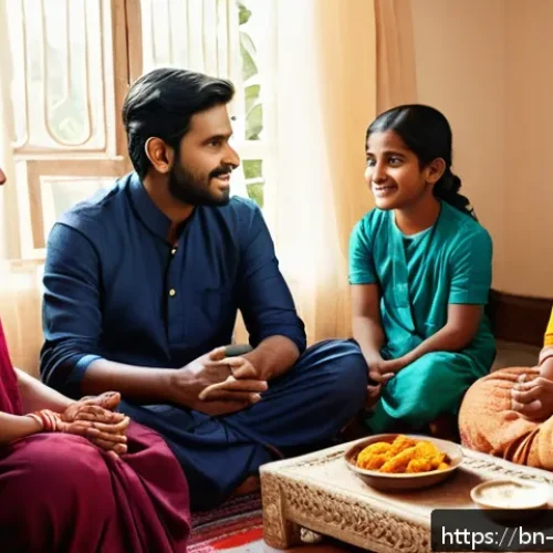 Home 30 비폭력 커뮤니케이션에서의 경청 기술 - A warm and intimate family scene featuring a Bengali family sitting together in a cozy living room, ...