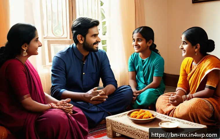 비폭력 커뮤니케이션에서의 경청 기술 - A warm and intimate family scene featuring a Bengali family sitting together in a cozy living room, ...