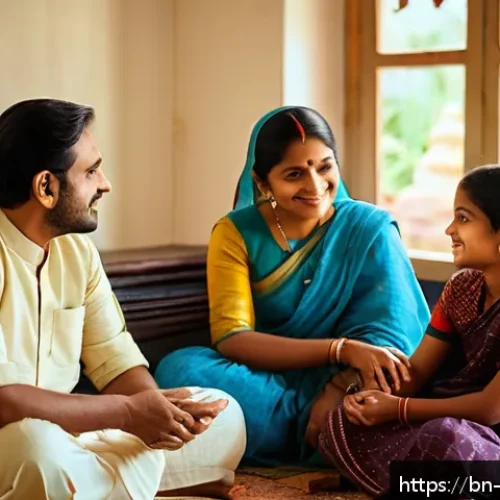 Home 17 비폭력 커뮤니케이션의 가치와 원칙 - A serene scene depicting a Bengali family sitting together in a cozy living room, engaging in peacef...