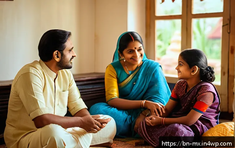 비폭력 커뮤니케이션의 가치와 원칙 - A serene scene depicting a Bengali family sitting together in a cozy living room, engaging in peacef...